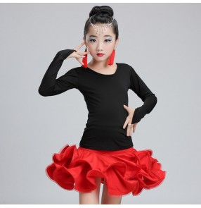 Black and red  fuchsia hot pink long sleeves spandex girls kids children practice gymnastics competition performance latin ballroom dance dresses sets 